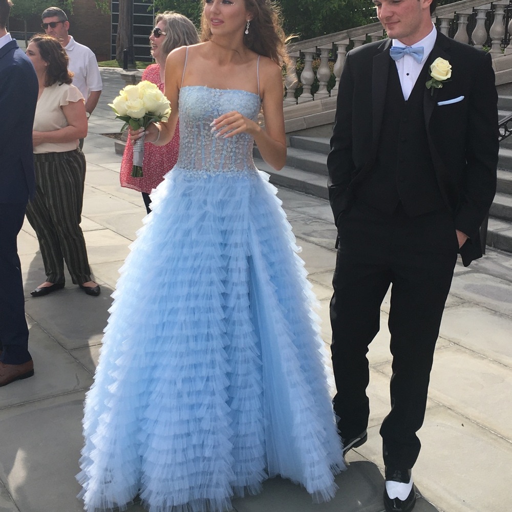Sherri Hill Light Blue Ruffled Prom Gown